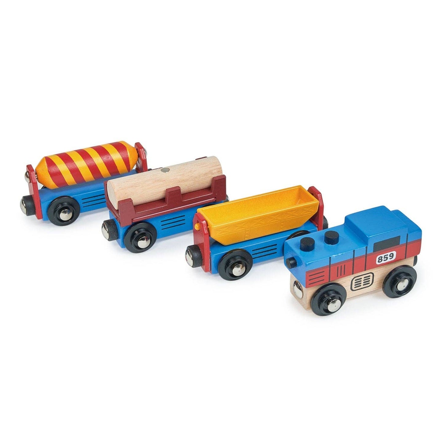 A wooden train set with one engine and three colorful carriages designed to resemble industrial cargo goods, displayed on a white background.