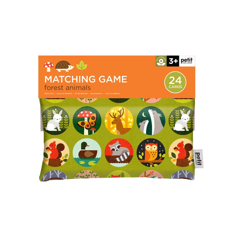 Packaging of a matching game for forest animals with colorful illustrations on a white background.
