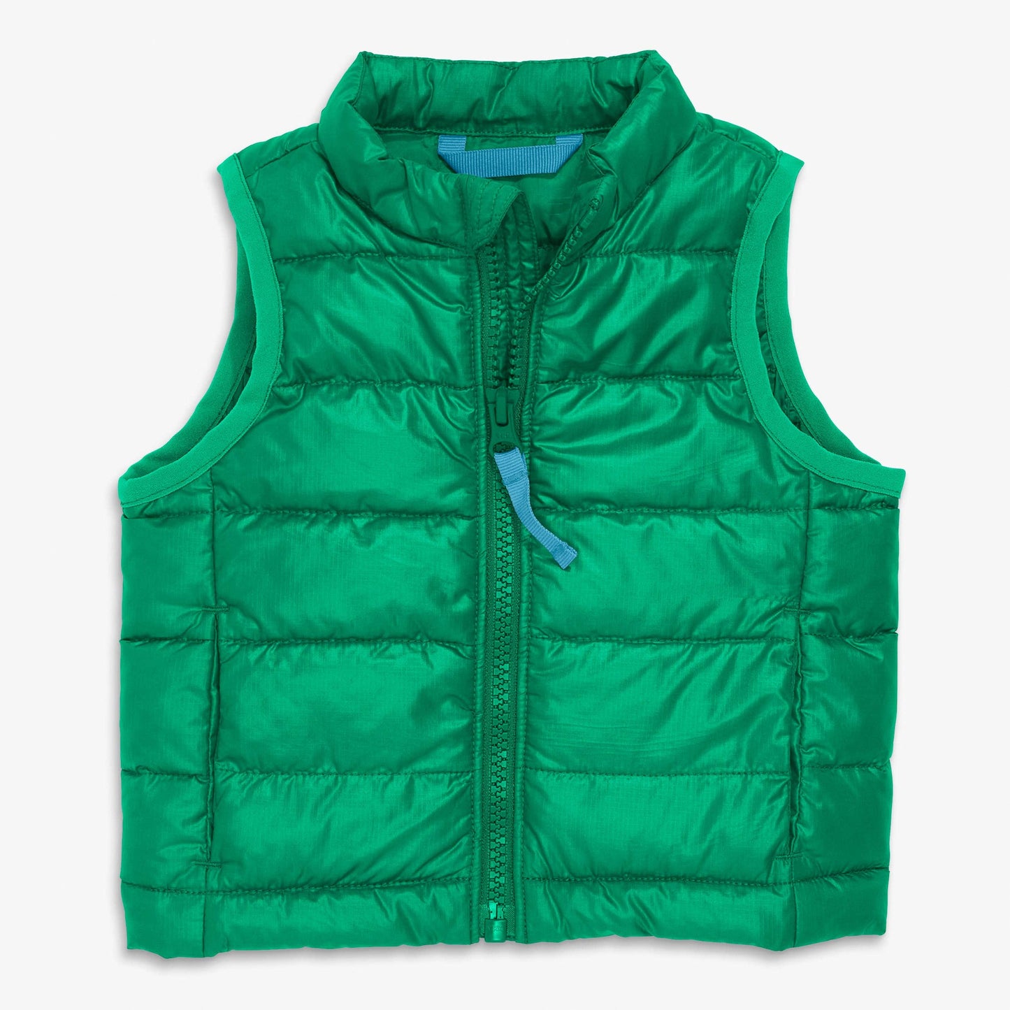 A bright green quilted puffer vest with a full front zipper and a small blue zipper pull, shown flat against a light gray background.