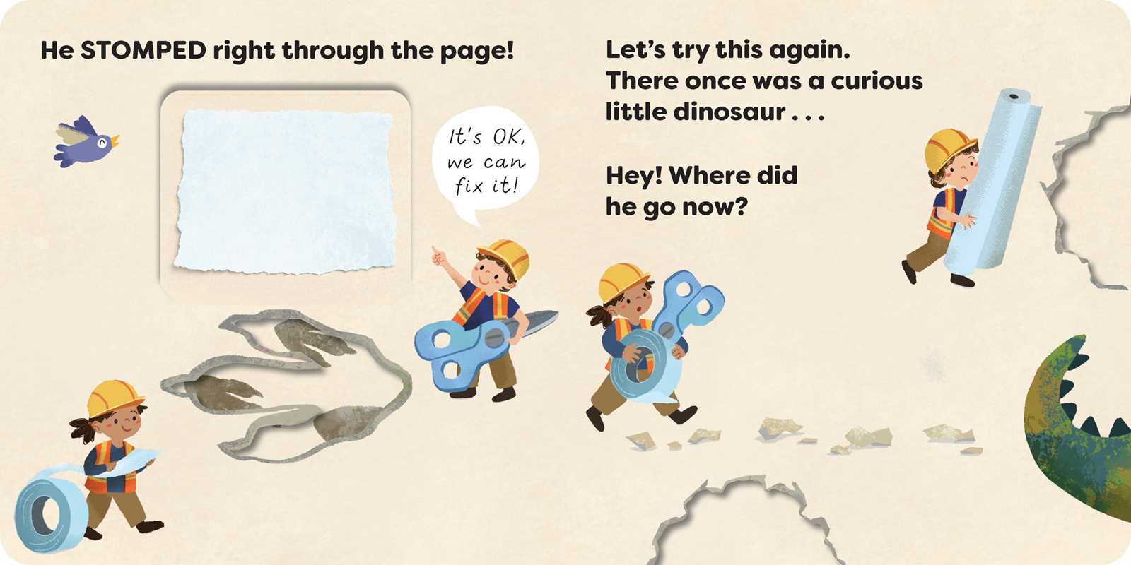 Children's book page with illustrations of construction workers and a dinosaur, featuring text about stomping through the page.