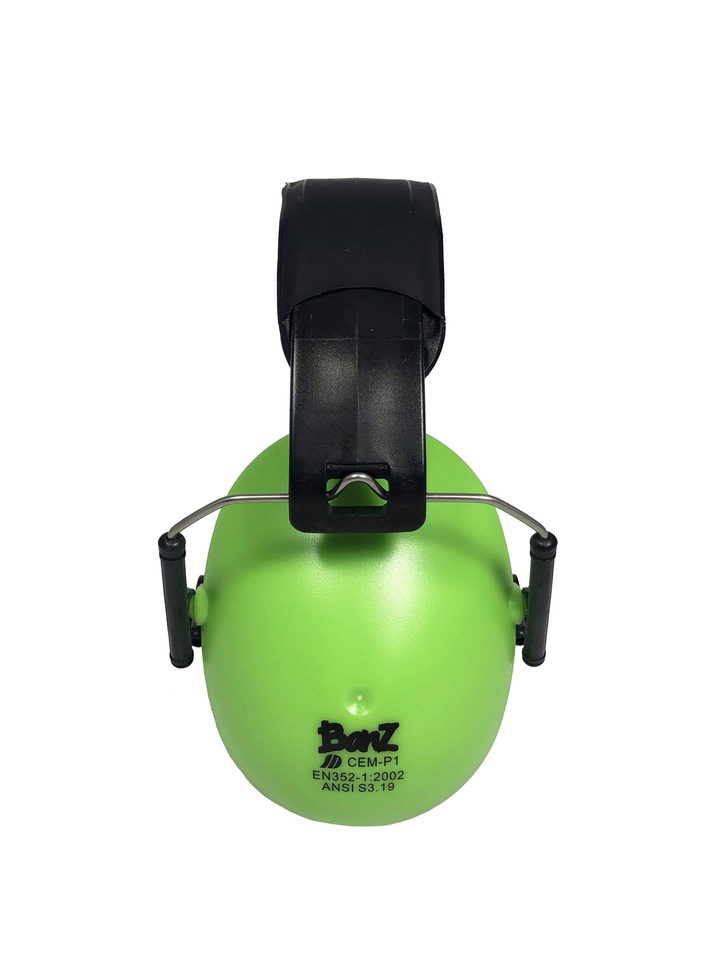 Green ear protection with black clip on a white background