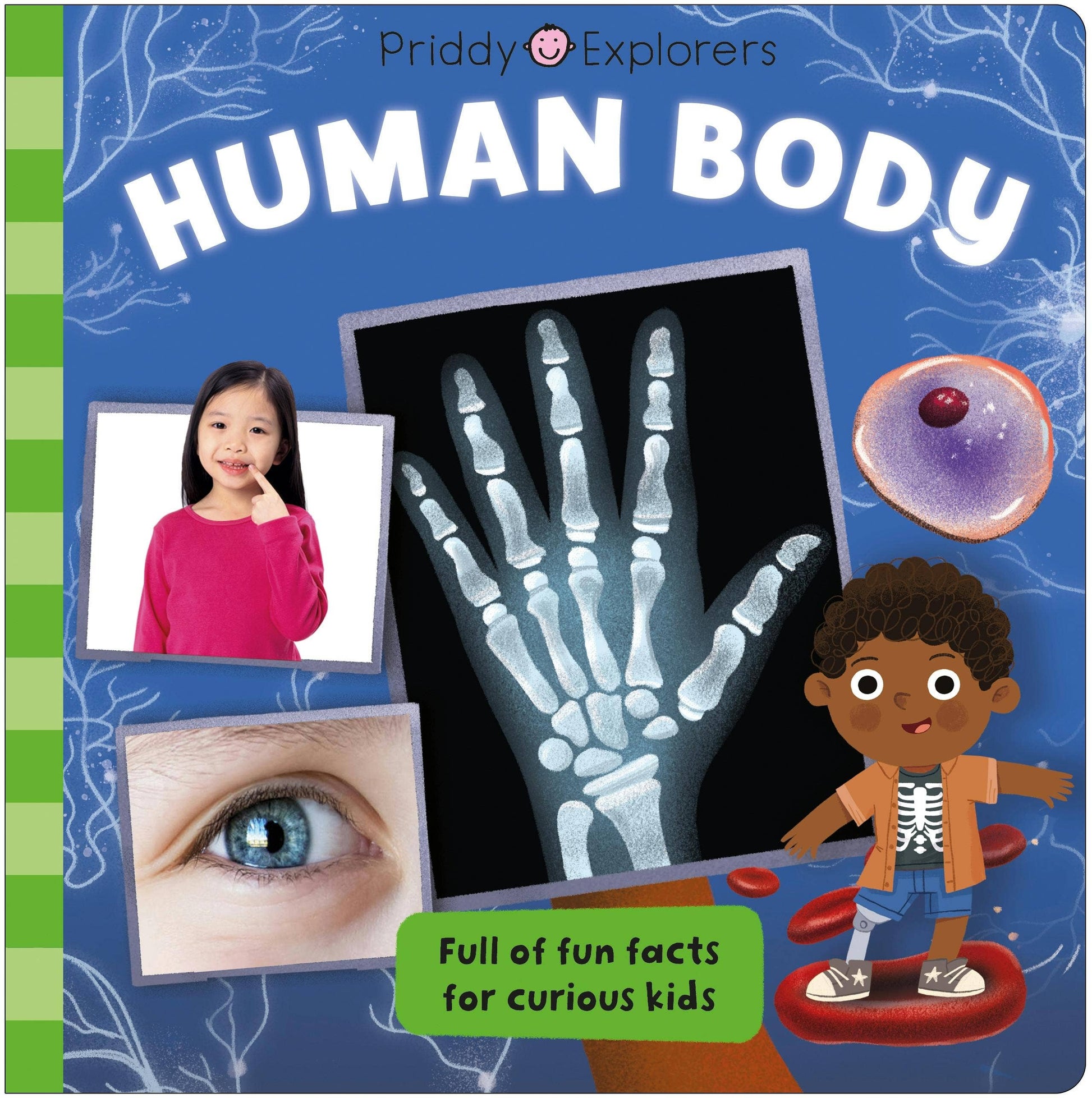 Book cover of 'Human Body' by Priddy Explorers with images of a girl, x-ray of a hand, eye, and child on a balance beam.