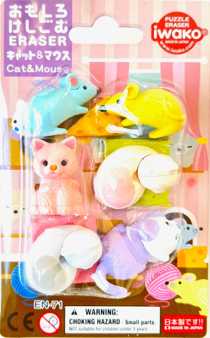 Packaged set of puzzle erasers shaped like cats and mice with iwako branding.