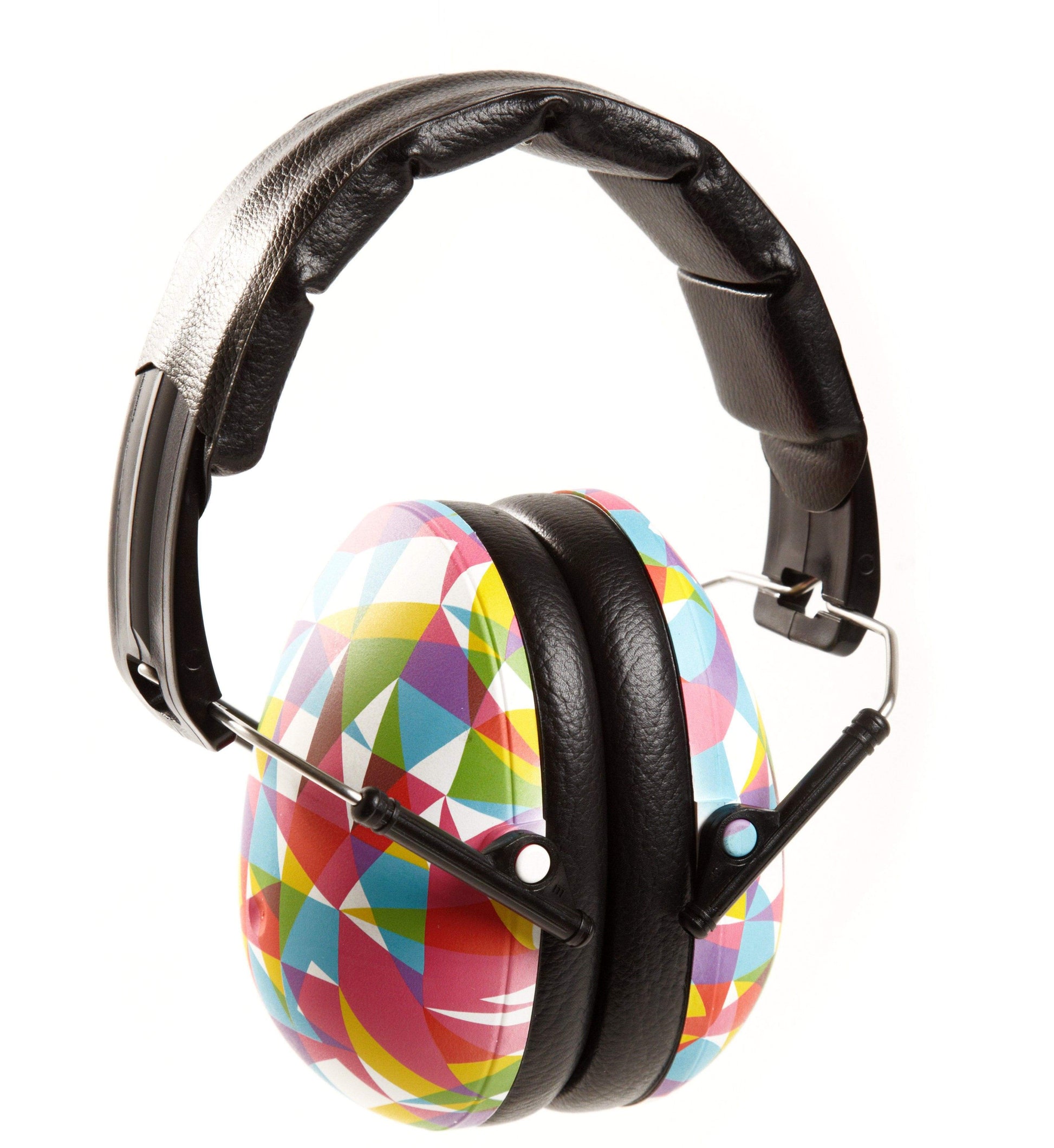 Colorful geometric-patterned ear protectors on a white background
