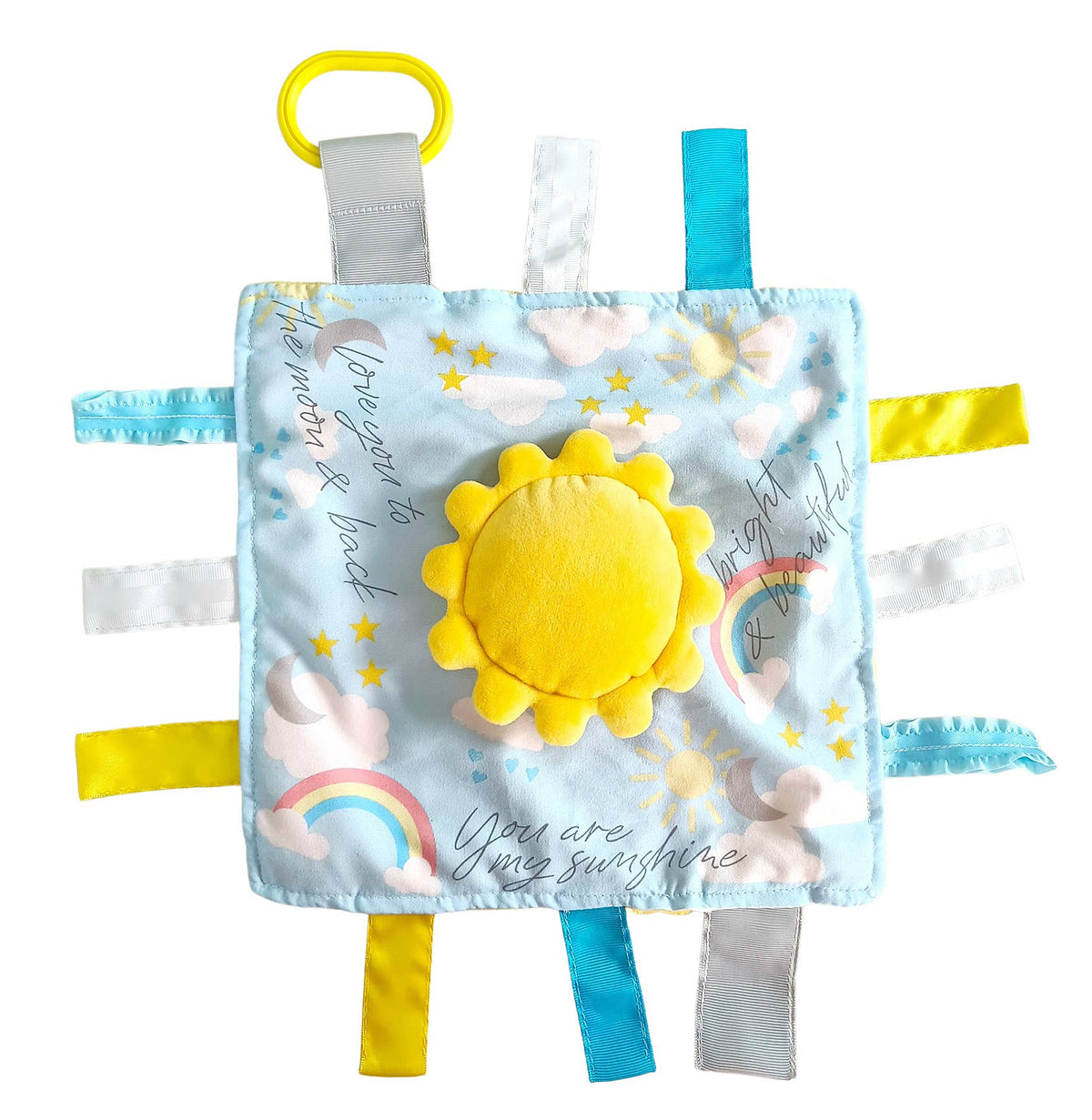 Baby comfort blanket with sun and rainbow design on a white background