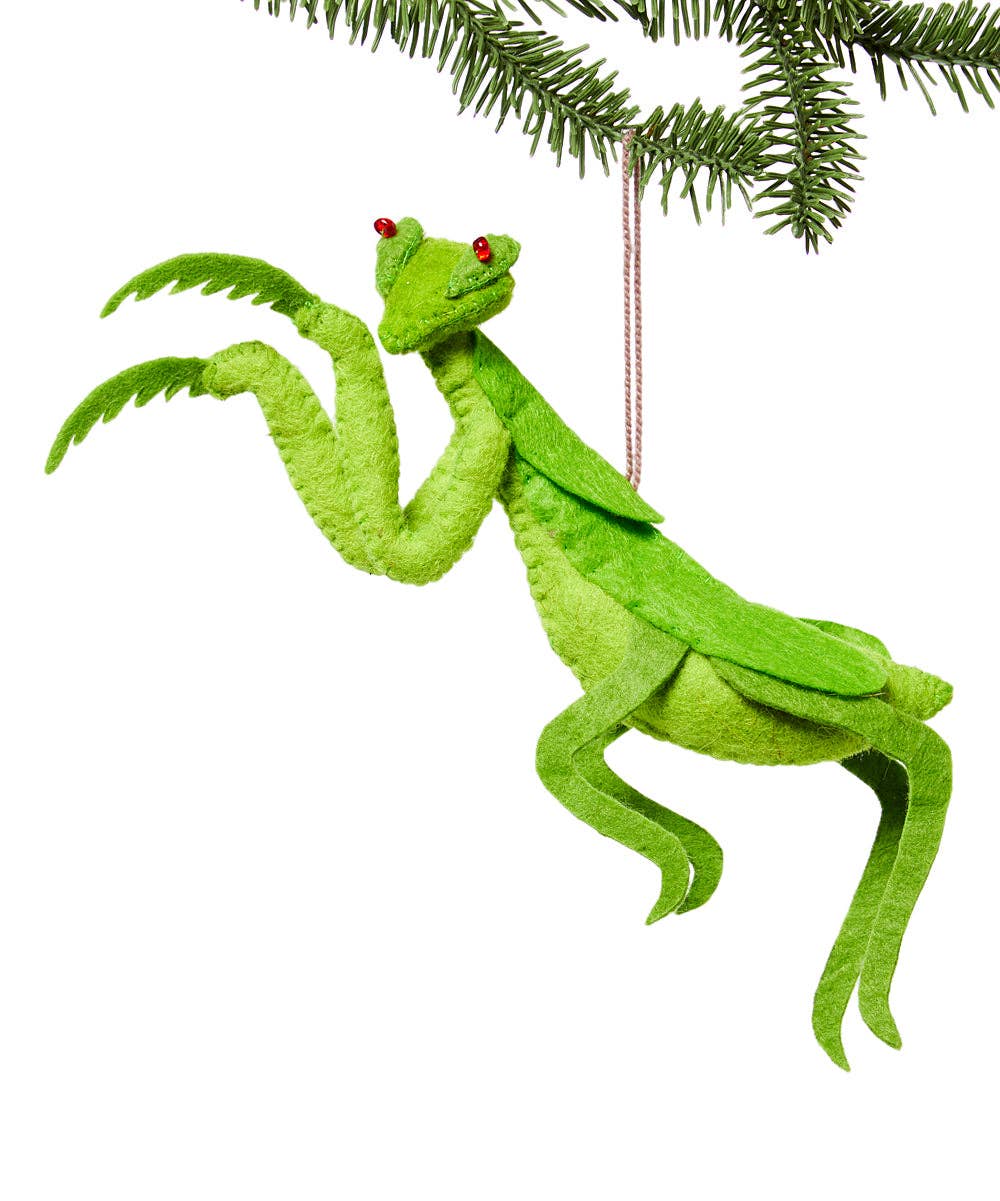 Green praying mantis ornament hanging on a Christmas tree branch.