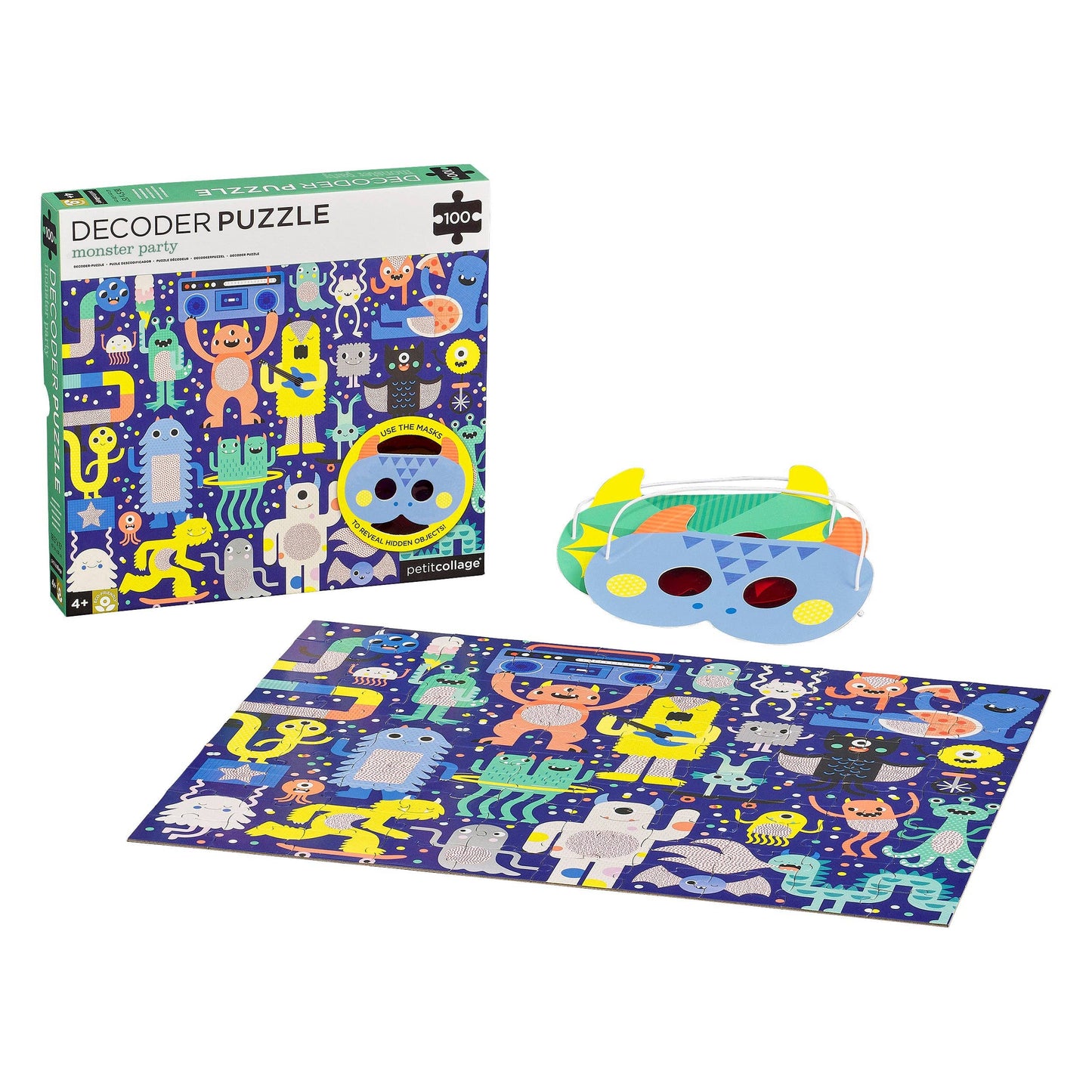 Decoder puzzle set with colorful packaging, puzzle, and mask on a white background