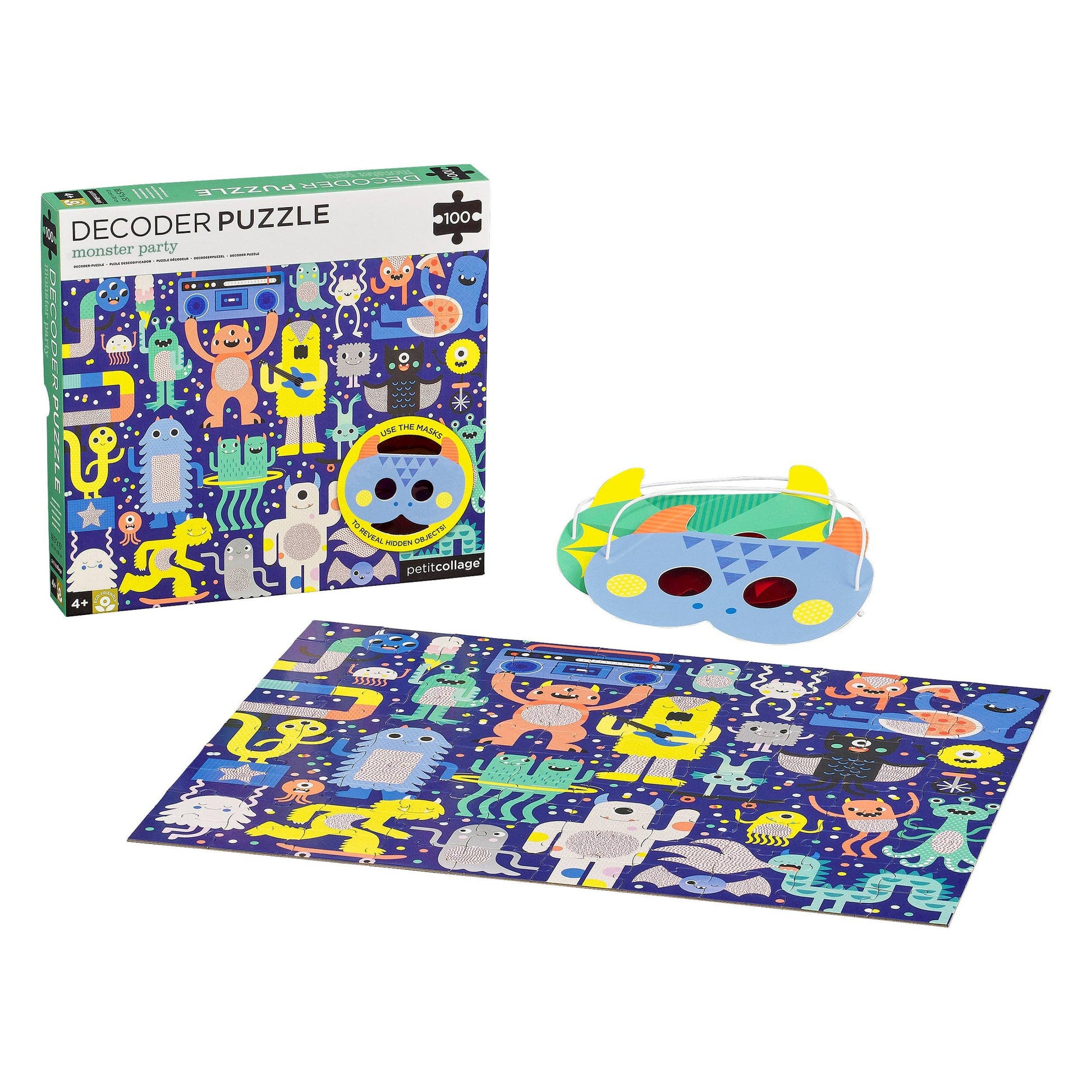 Decoder puzzle set with colorful packaging, puzzle, and mask on a white background