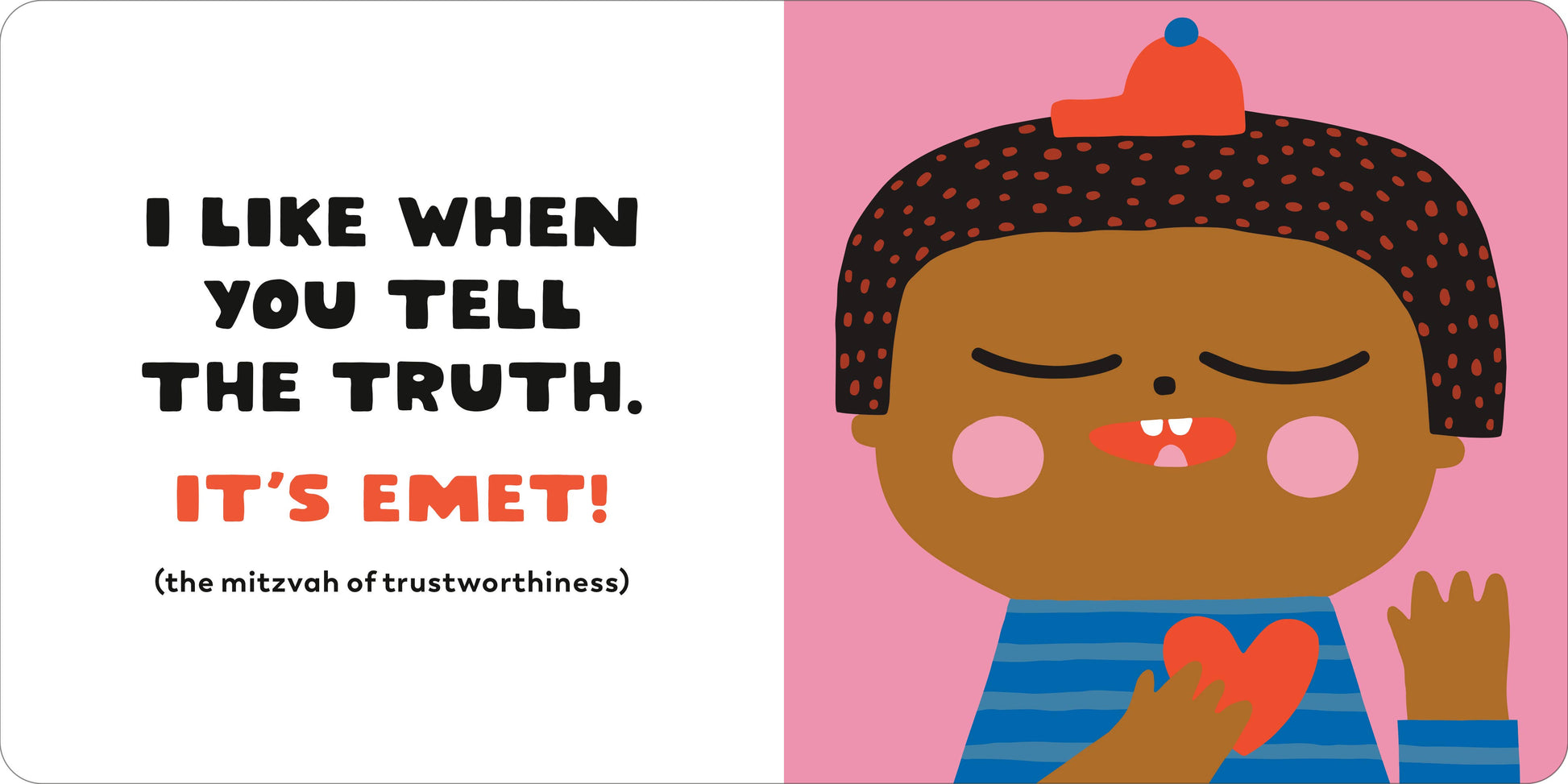 Children's book page with a character holding a heart and text about truth-telling.
