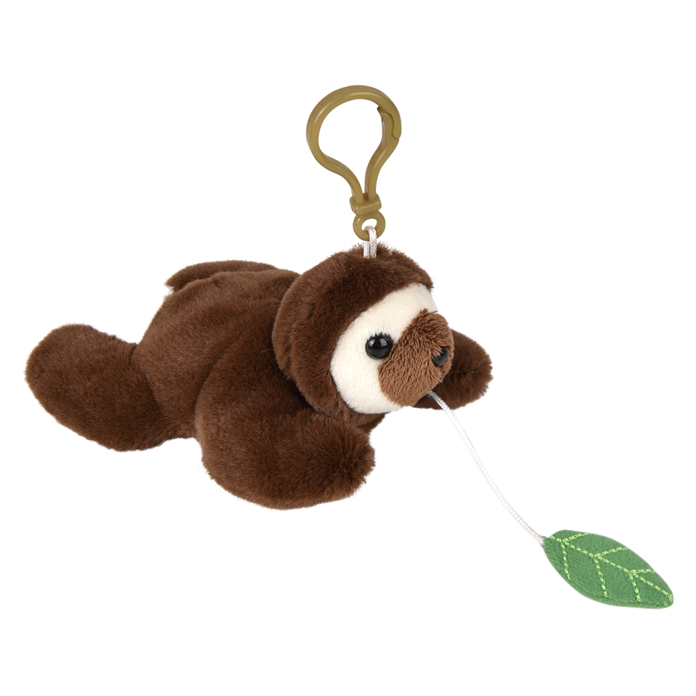 A brown plush sloth keychain toy with a white face, black eyes, and a green leaf attached to a tan plastic clip, shown on a plain white background.