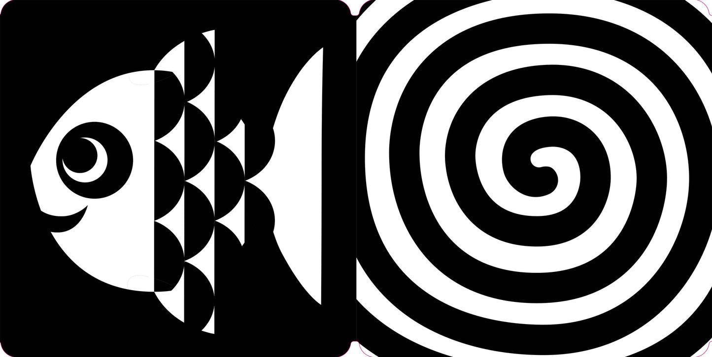 Black and white abstract design with fish and spiral patterns