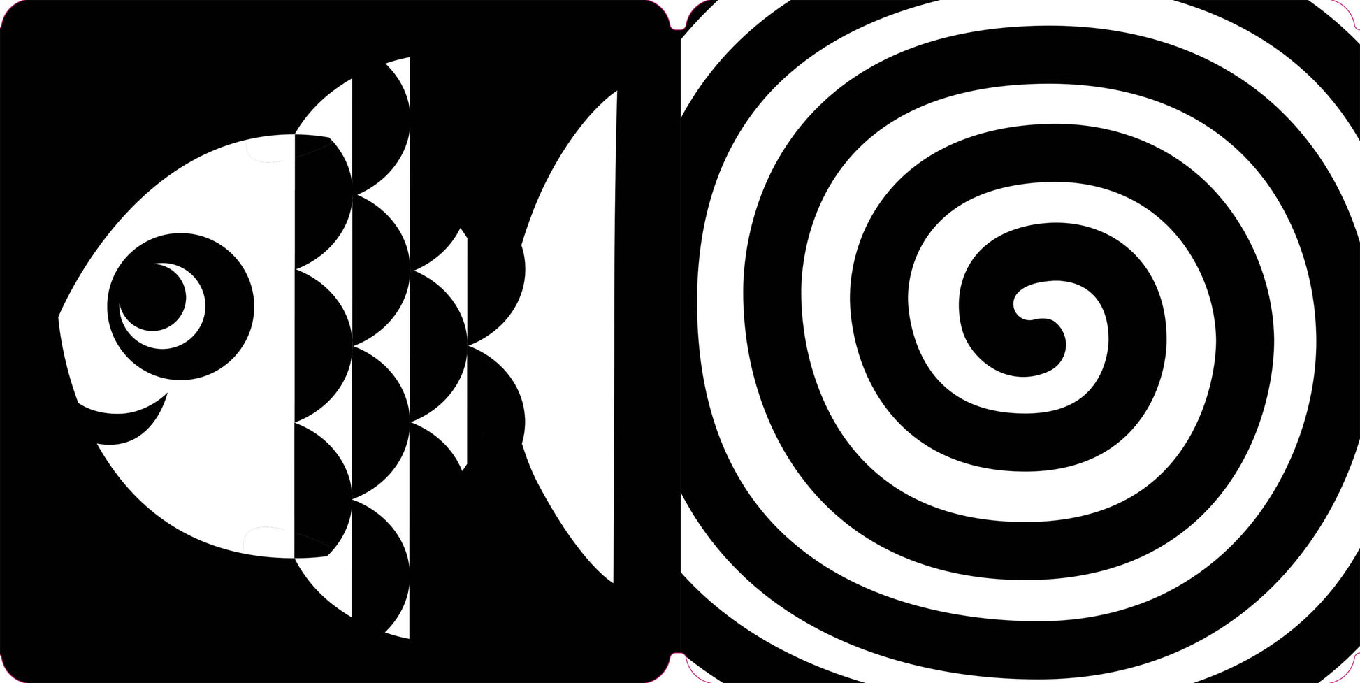 Black and white abstract design with fish and spiral patterns