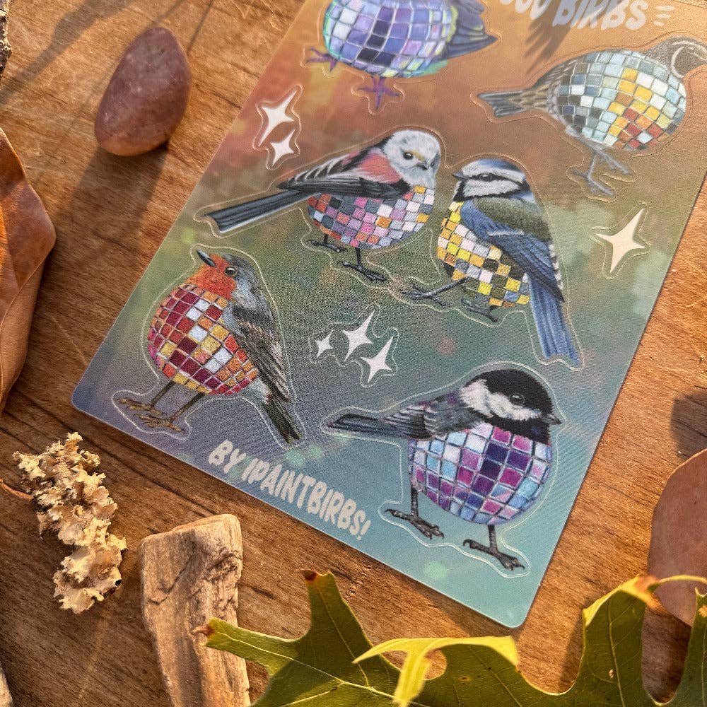 Colorful bird stickers on a wooden surface with 'By ipaintbirbs' branding.