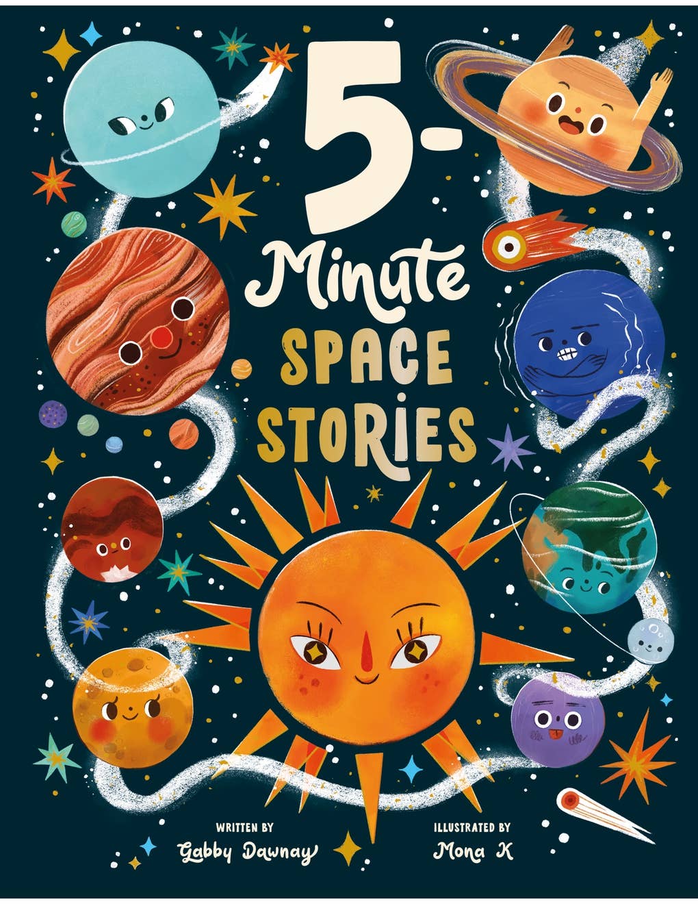 Book cover of '5-Minute Space Stories' with cartoon planets and sun on a dark background