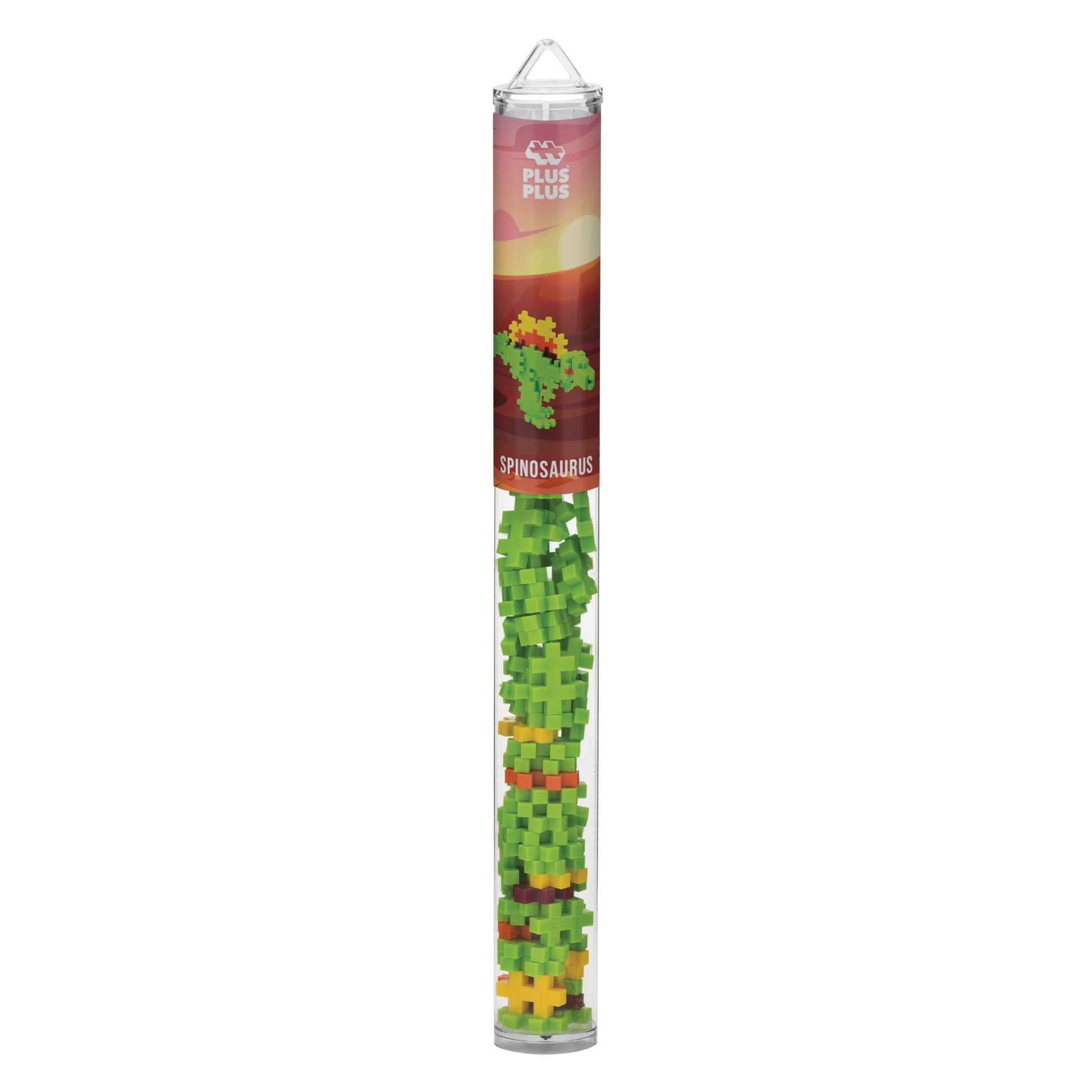 Tube of Plus Plus dinosaur building blocks with a Spinosaurus figure on a white background