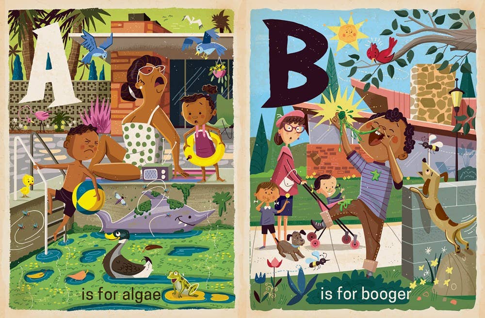 Illustrated children's book pages with alphabet letters and scenes.
