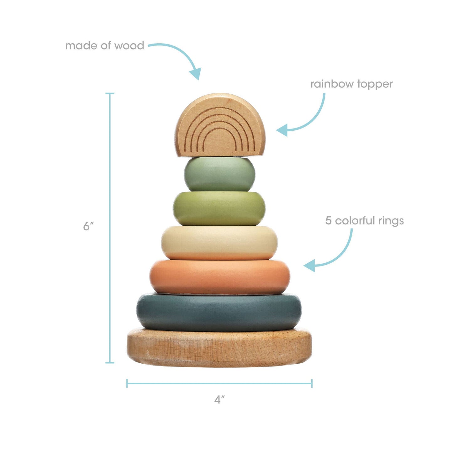 A wooden stacking toy consisting of a peg with five multicolor earth tone rings and a wooden rainbow topper on a white background. There is a measurement of 6" next to the stacking toy.