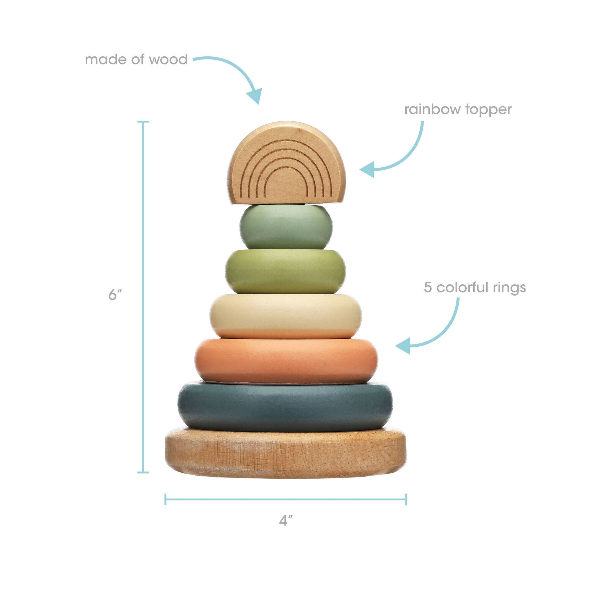 A wooden stacking toy consisting of a peg with five multicolor earth tone rings and a wooden rainbow topper on a white background. There is a measurement of 6" next to the stacking toy.