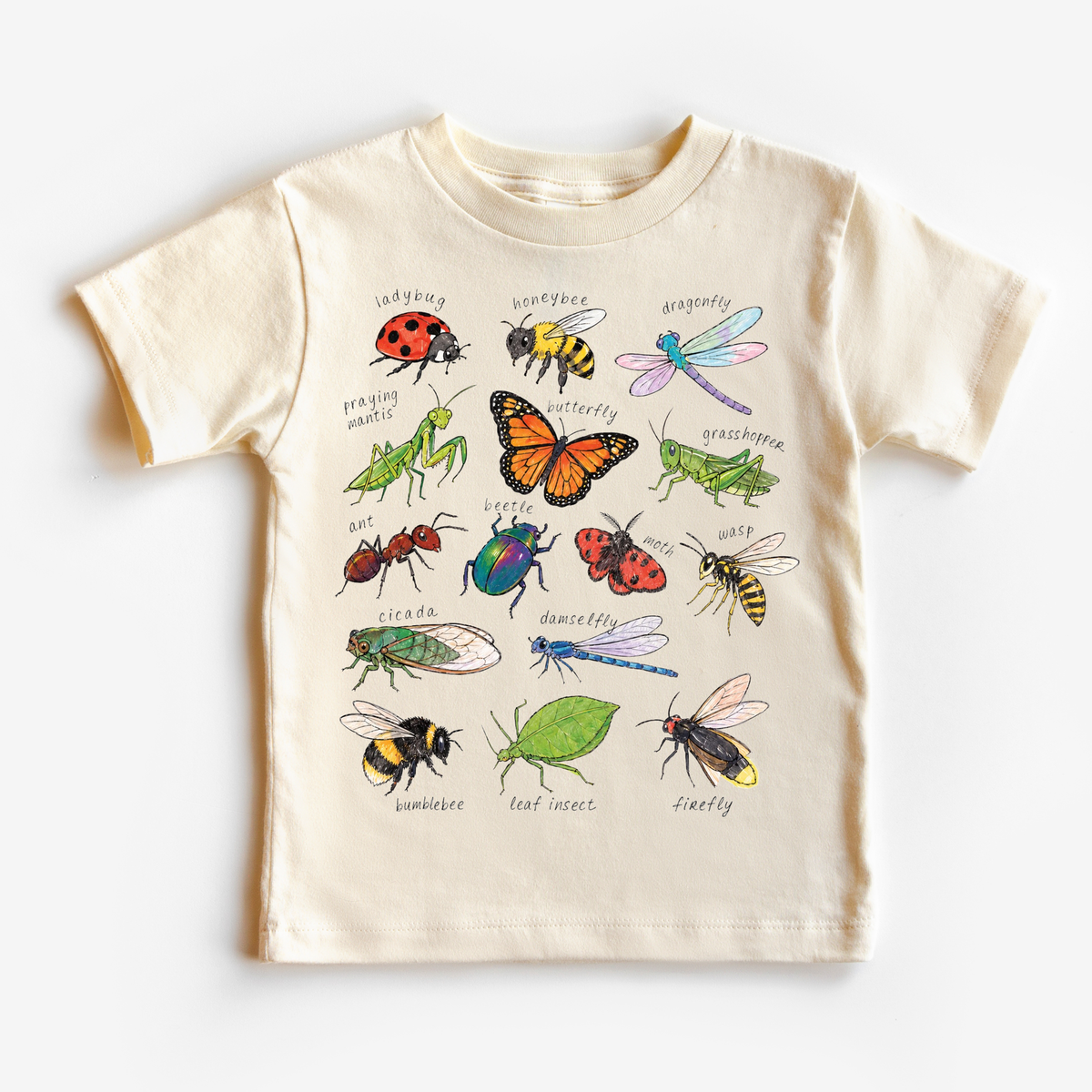 Beige t-shirt with colorful illustrations of insects on a white background