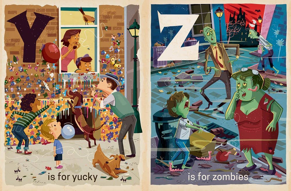 Illustrations of children playing with letters 'Y' and 'Z', one labeled 'yucky' and the other 'zombies'.