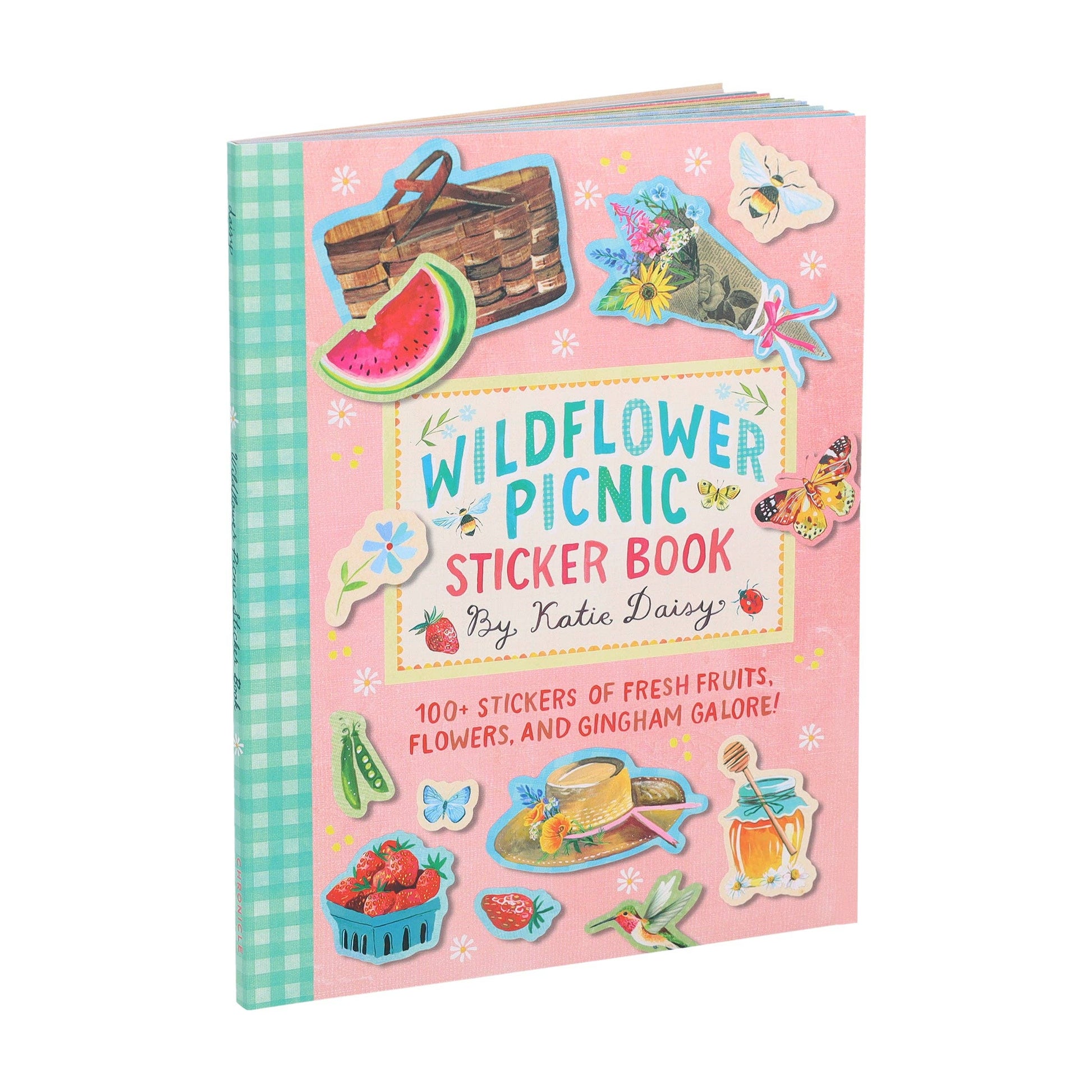 Sticker book titled 'Wildflower Picnic' with colorful illustrations on a pink background