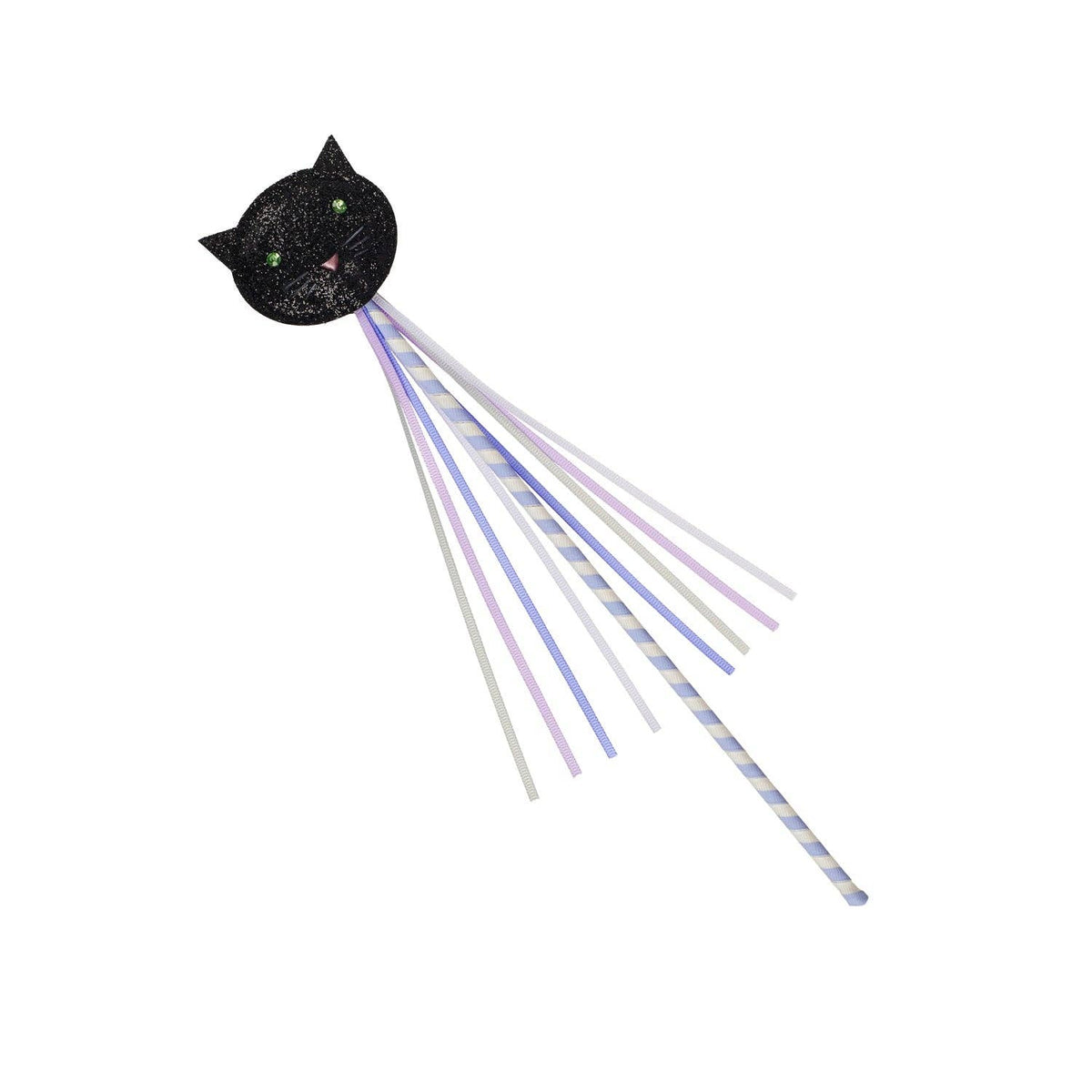 A black glitter cat head wand with several pastel-colored striped silicone tails, shown on a plain white background.