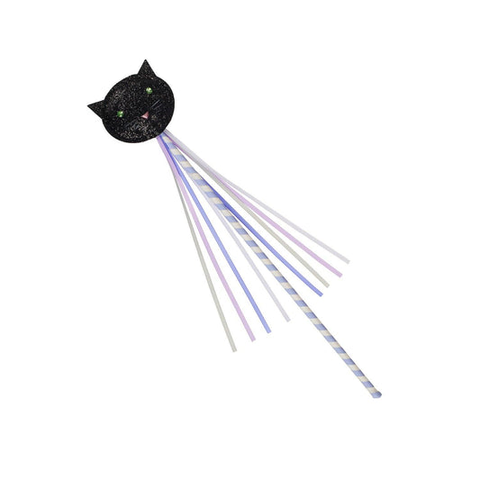 A black glitter cat head wand with several pastel-colored striped silicone tails, shown on a plain white background.