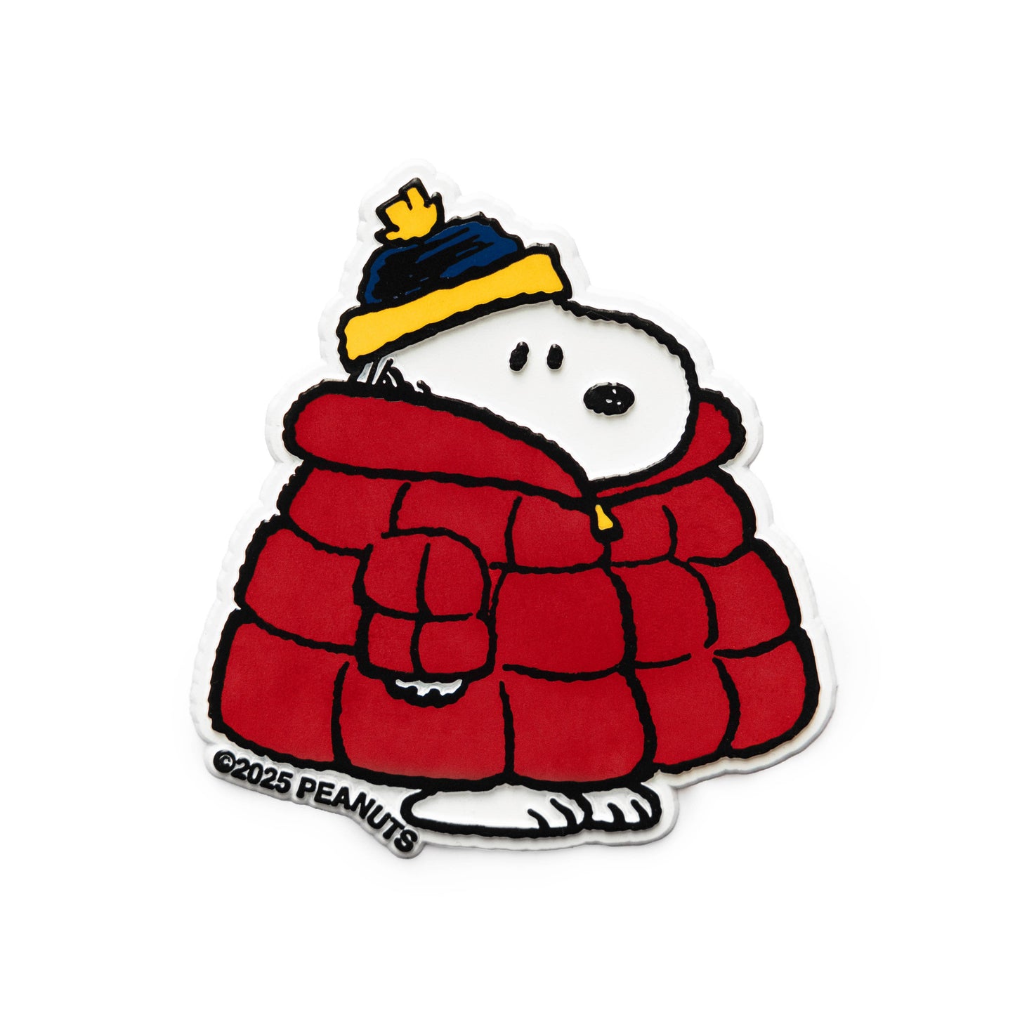 Cartoon dog character wearing a red coat and winter hat on a white background, with 'Peanuts' branding.
